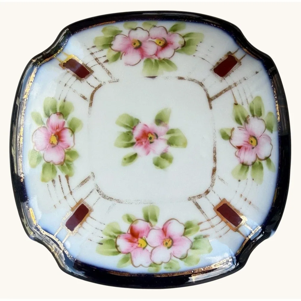 Antique Nippon Powder Jar- Morimura Wreath- Footed Porcelain Trinket Box Cobalt